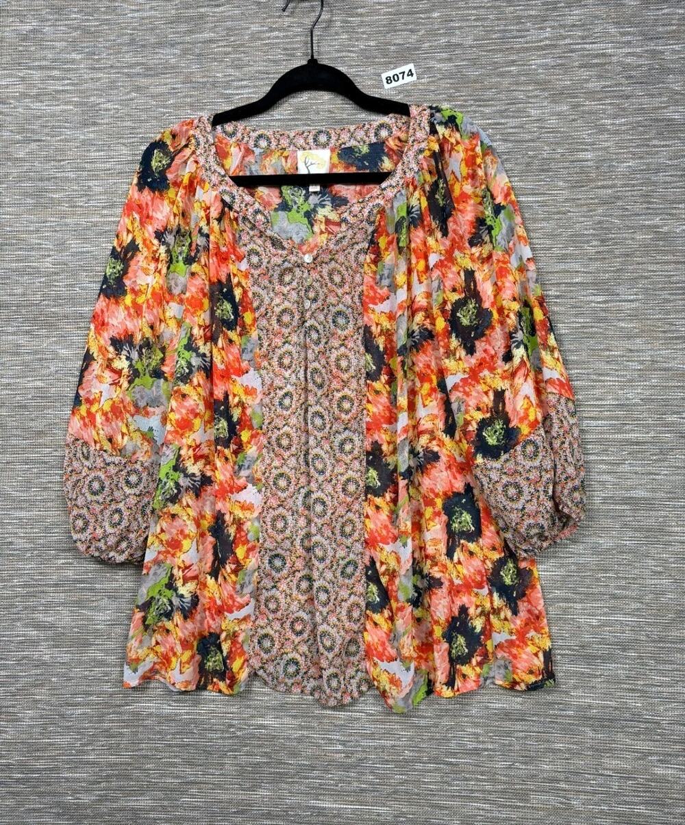 Figueroa & Flower Blouse Womens Size 1X Paisley Beaded Embellished Boho Peasant